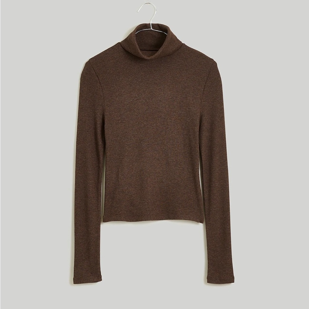 NWT Madewell Brightside Finerib Cropped Turtleneck in Heather Dark Coffee